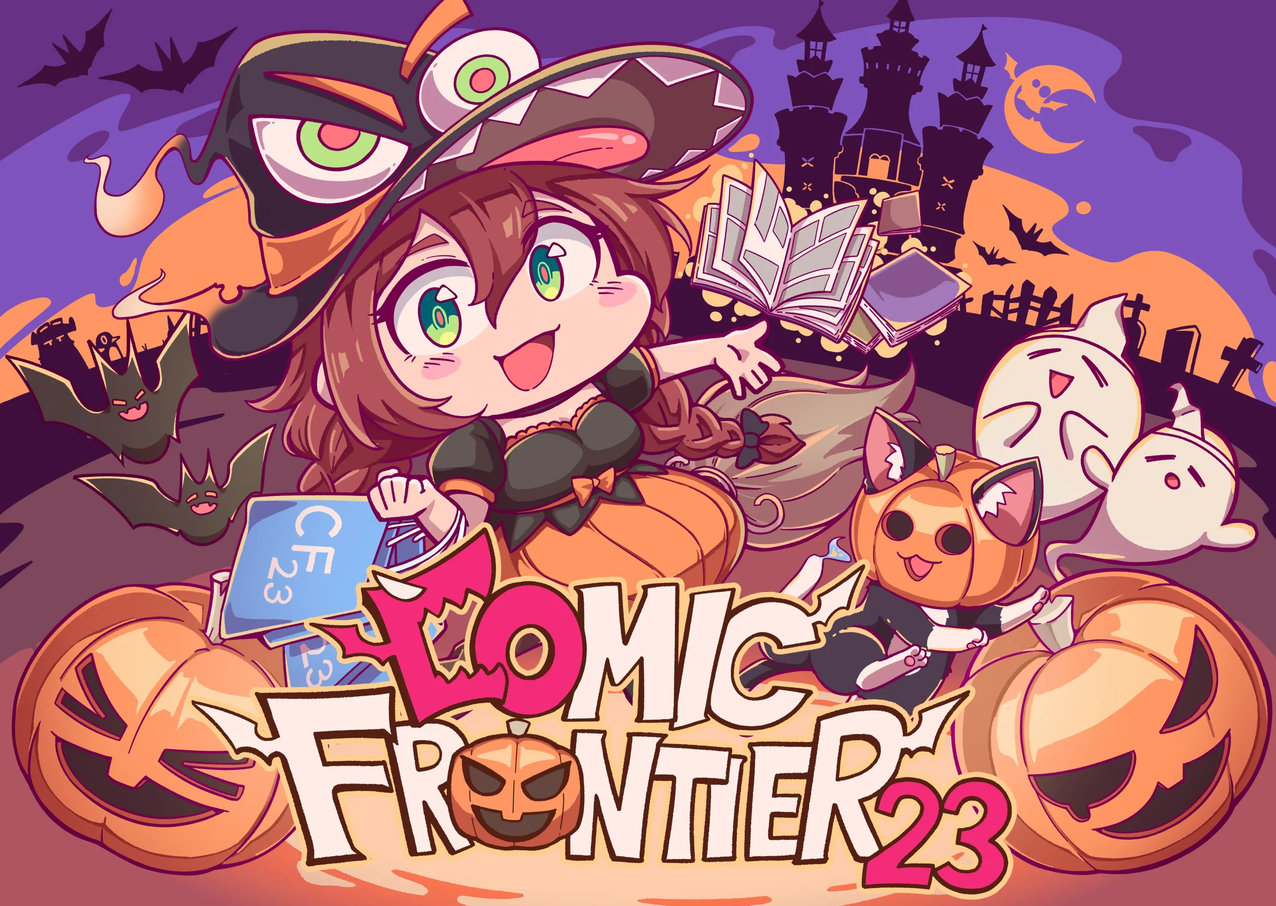 Ilustrasi utama Comic Frontier 23 bertema Halloween: penyihir chibi berambut cokelat dikelilingi labu, kelelawar, hantu, dan buku komik melayang